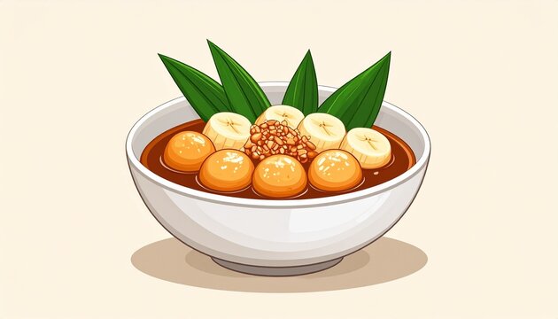 Image of a white bowl filled with Indonesian kolak candil. Decorated with pandan leaves that give a fresh touch to the soft cream background.