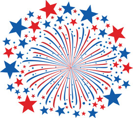 Obraz premium Patriotic red and blue firework burst with stars, festive Fourth of July celebration design, colorful vector illustration isolated on white