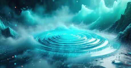 Fototapeta premium Mysterious glowing pool surrounded by rocky terrain. Ripples emanate from center, creating ethereal atmosphere. Dramatic lighting enhances surreal scene.