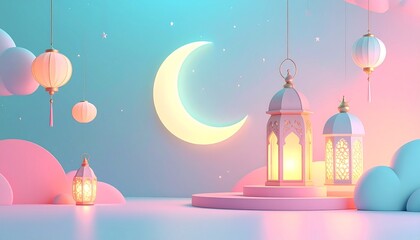 A magical image of a colorful Islamic celebration theme. A crescent moon on a light blue and pink background, traditional lanterns emitting light. A sweet and festive look.