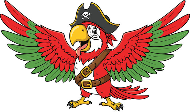 Playful cartoon parrot dressed as pirate with black hat, skull emblem, belt, and tongue out in humorous character design