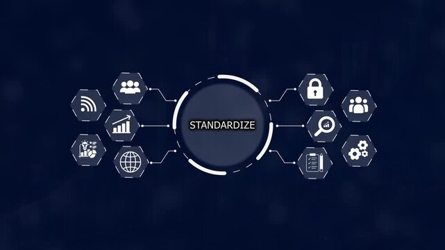 Central dark circle with the word STANDARDIZE in white text surrounded by a network of white hexagonal representing business and technology
