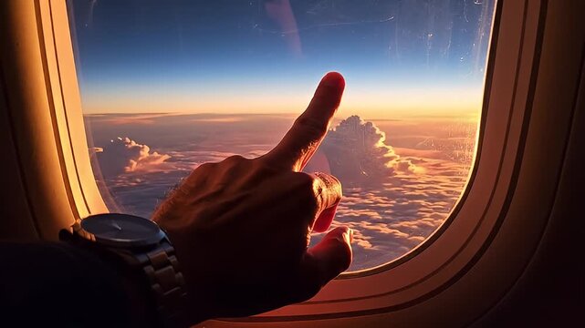 Hand giving middle finger from airplane window.