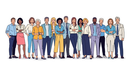 Fototapeta premium A diverse group of business professionals standing together, showcasing a variety of ages, genders, and ethnicities in a studio setting.