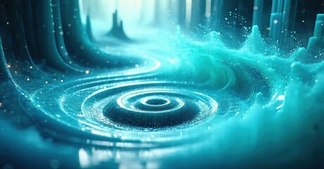 Fototapeta premium Abstract blue energy ripples, digital waves, futuristic tunnel. Glowing particles create dynamic visual effect. Deep space atmosphere.