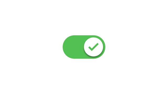 Neumorphism-style toggle button with check and cross icons. An animation of a toggle switch that changes from OFF to ON, switching color from grey to green when clicked. Concept of modern UI design.
