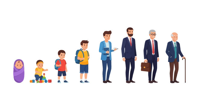 Illustration showing the stages of human life from infancy to old age.