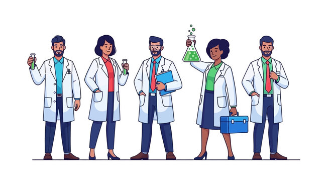 A diverse group of five scientists in lab coats stand confidently, holding scientific equipment and looking professional.