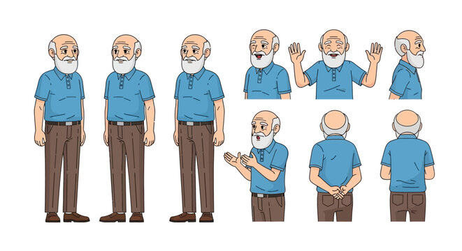 Collection of cartoon illustrations depicting an elderly man from various angles and in different poses, showcasing his appearance and actions.