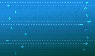 Obraz premium Vector illustration of multiple airplanes flying on parallel dashed flight paths. Concept for aviation, air traffic, travel, and global logistics.