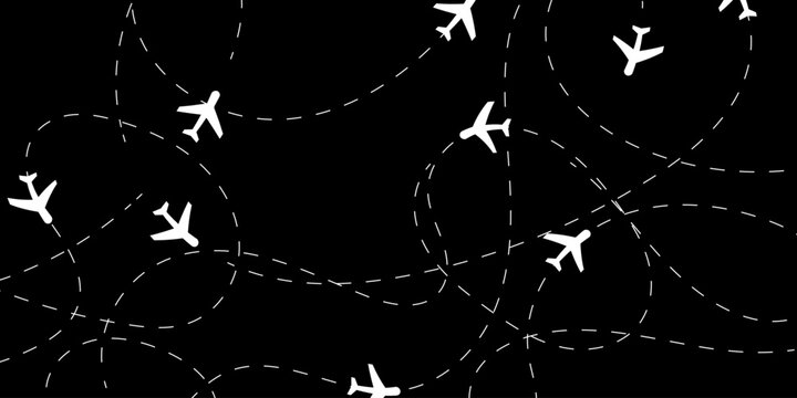 Vector illustration of white airplane silhouettes with dotted flight paths. A seamless pattern representing air traffic, travel routes, and global connections on a black background.