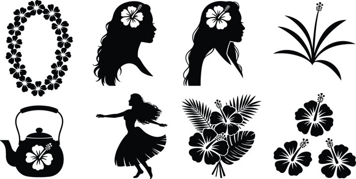 Collection of Black Silhouettes of Hawaiian Themed Elements on White Background luau hula