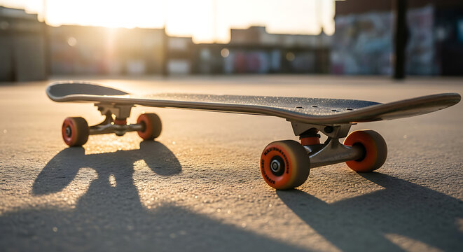 Close-up of skateboard on ground with orange wheels at sunset