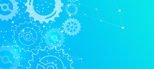 Abstract technology background with interconnected gears and a digital network plexus. Modern blue graphic for engineering, industry, and automation concepts. © JustPrint
