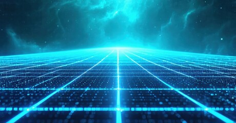 Obraz premium Bright blue grid extends toward horizon. Dark background suggests digital space, future, or virtual reality concept. Lines converge.