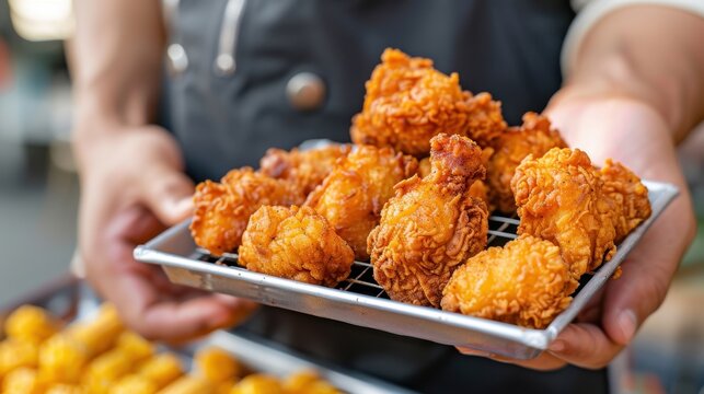Crispy Fried Chicken Pieces Served on a Tray at a Street Food Market Stall
