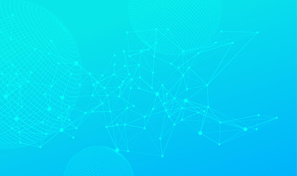 Abstract blue and cyan background with a futuristic technology theme. Features a digital network of connected dots and lines and wireframe globes.