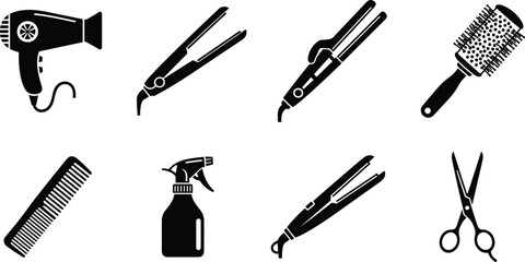 Obraz premium Silhouette icons of hair styling tools including dryer, straighteners, brush, comb, spray bottle, and scissors for beauty and grooming