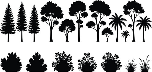 Large Collection of Tree and Bush Silhouettes Featuring Pine Fir Palm and Deciduous Forest Trees with Garden Shrub and Grass Elements for Landscape and Nature Graphic Designs © Selim Studio