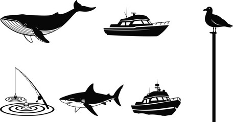Silhouette illustration set featuring whale, shark, motorboats, fishing rod with bobber, and seagull perched on pole, marine life concept © yesrin