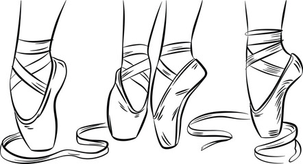 Ballet Pointe Shoes with Ribbons Line Art Drawing on White Background vector illustration © Alifa