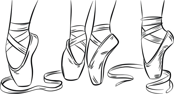 Ballet Pointe Shoes with Ribbons Line Art Drawing on White Background vector illustration