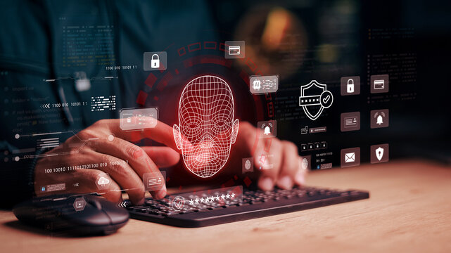 AI facial recognition and cybersecurity interface over keyboard, showing biometric authentication, data protection and secure digital access.