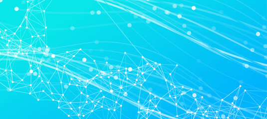 Abstract technology background with a blue gradient. Features a white network of connected dots and lines, suggesting data, science, and communication. © JustPrint
