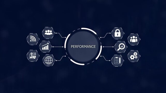 Central circle with the word PERFORMANCE surrounded by interconnected white representing data analysis business growth security and teamwork on a