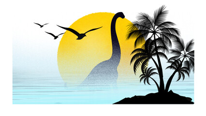 Dinosaur silhouette at sunset beach with palm trees © Andri