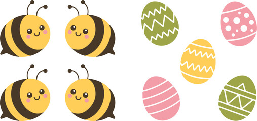 Cute bee characters circle and colorful easter egg illustration set in playful spring cartoon style © Creative design