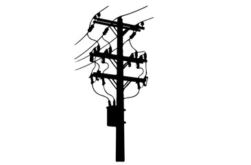 Black electric utility pole silhouette , power distribution poles with transformers