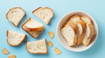 Fototapeta premium Slices of Soft Bread on Blue Background with Bowl of Bread Pieces for Culinary and Baking Concepts