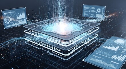 Abstract AI data processing layers with digital analytics screens