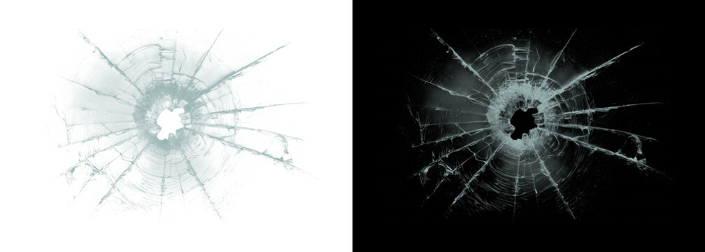 Bullet hole in glass with crack effects on white and black backgrounds