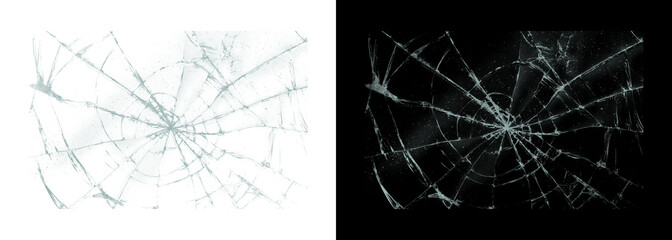 Cracked glass shattered screen on white and black backgrounds