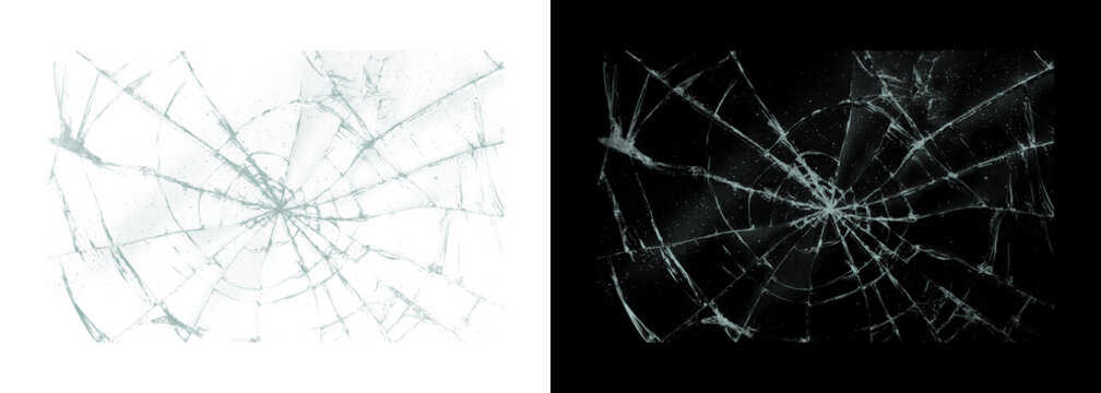 Cracked glass shattered screen on white and black backgrounds