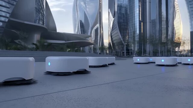 Autonomous Delivery Robots Moving in Futuristic Urban Cityscape