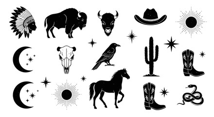 Tribal and Western Icons: Buffalo, Cactus, Moon, Horse, Boots, Skull and Stars © Elsa