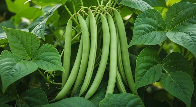 Green beans growing in garden fresh organic healthy vegetable food plant farming