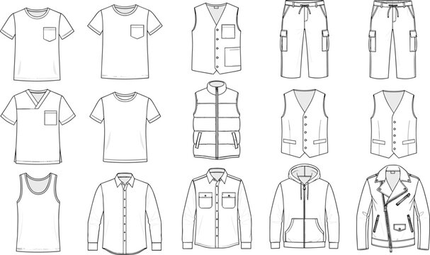 Realistic Vector Flat Sketch Illustration Collection Featuring Diverse Casual Menswear and Sportswear Items Including Jackets Vests Shirts and Shorts