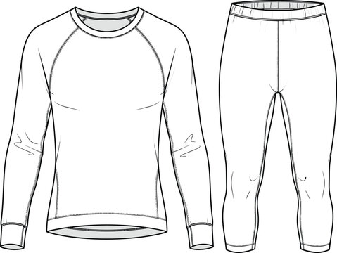 Realistic Vector Flat Sketch Illustration of Men and Women Performance Compression Sportswear Set Featuring Long Sleeve Raglan Top and Leggings