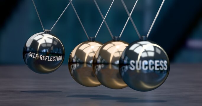 Success is created by self-reflection. Elegant metaphor for self-reflection causing success. Mutual and self inforcing link between them. No AI, created by humans for humans. ,3d illustration
