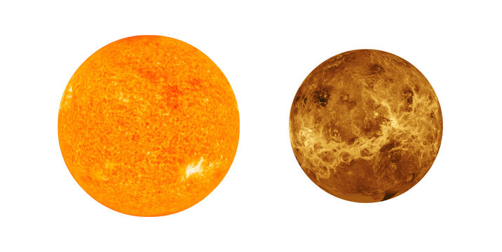 Sun and Venus planet comparison isolated on white background. Elements of this image furnished by NASA.