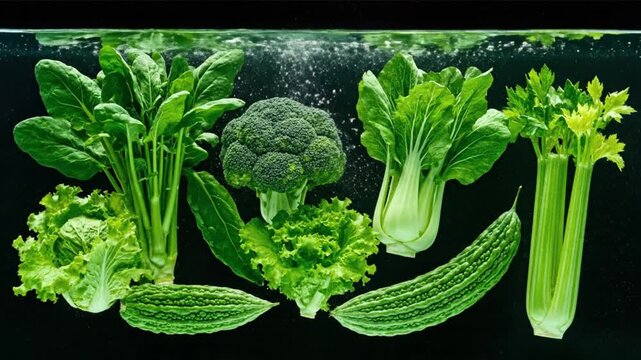 A vibrant assortment of fresh green vegetables including spinach, broccoli, lettuce, bok choy, celery, and bitter gourds, displayed against a dark background.