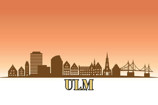 Global city Ulm shown in a detailed vector skyline with a golden hour sky