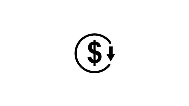 Abstract decrease icon on White background. Dollar rate down looped icon. Reduce costs sign and symbol. animation. 4k video...