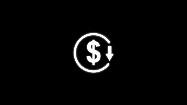 Abstract decrease icon on black background. Dollar rate down looped icon. Reduce costs sign and symbol. animation. 4k video...