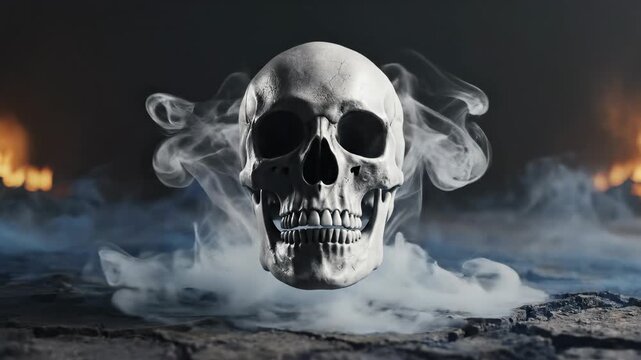 Floating Human Skull Emerging from Dense Smoke and Fire on Cracked Earth