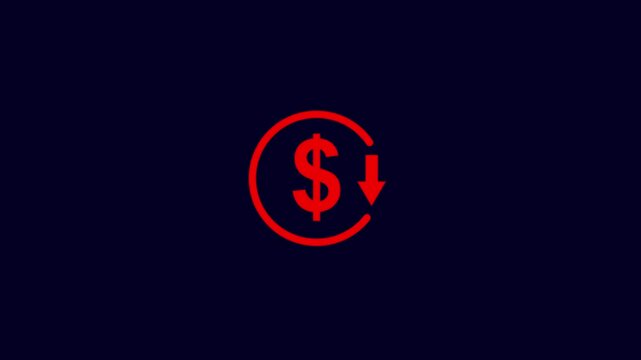 Abstract decrease icon on blue background. Dollar rate down looped icon. Reduce costs sign and symbol. animation. 4k video...